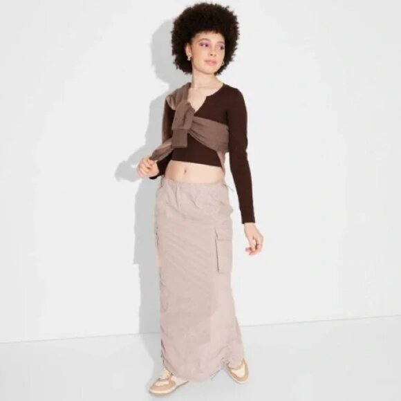Cargo Mid Rise Parachute Skirt Maxi Drawstring - Picture 1 of 9